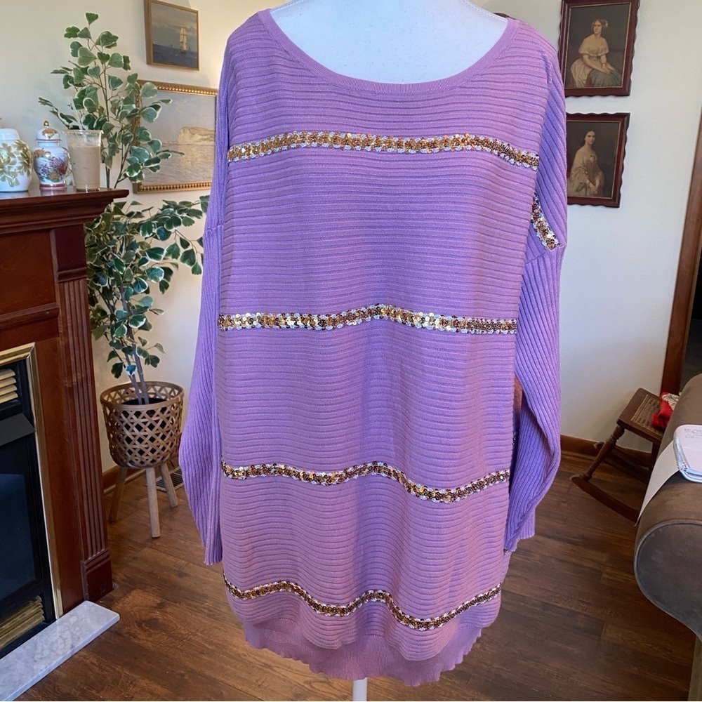JM Collection • Lavender & Gold Sequin Stripe Sweater • Plus Size 3X NWT